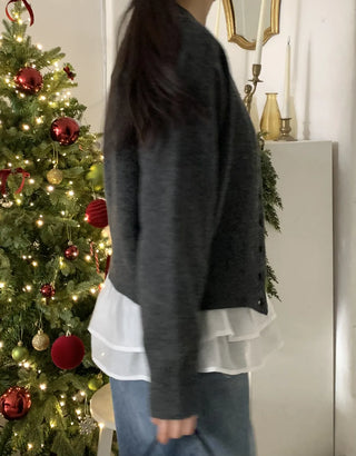 Pleated Shirt Layered Crew Neck Knit Cardigan