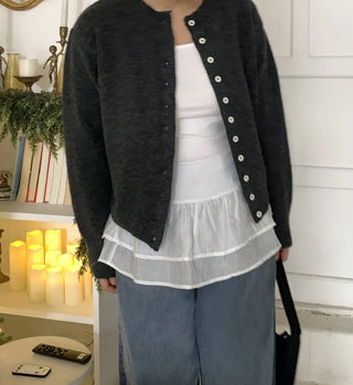 Pleated Shirt Layered Crew Neck Knit Cardigan