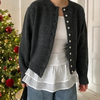Pleated Shirt Layered Crew Neck Knit Cardigan