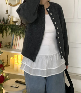 Pleated Shirt Layered Crew Neck Knit Cardigan