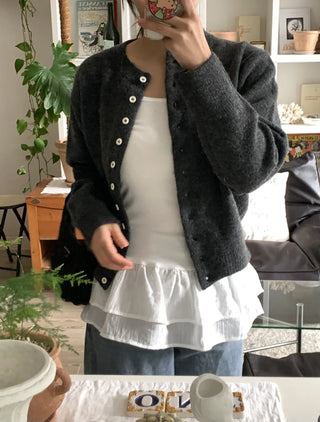 Pleated Shirt Layered Crew Neck Knit Cardigan