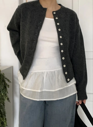 Pleated Shirt Layered Crew Neck Knit Cardigan