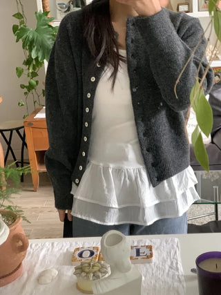 Pleated Shirt Layered Crew Neck Knit Cardigan