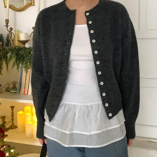 Pleated Shirt Layered Crew Neck Knit Cardigan