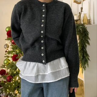 Pleated Shirt Layered Crew Neck Knit Cardigan