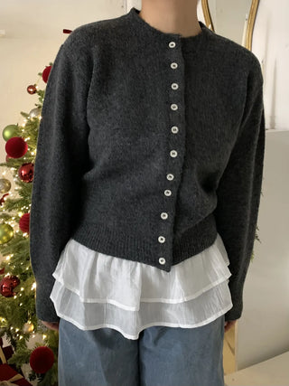 Pleated Shirt Layered Crew Neck Knit Cardigan