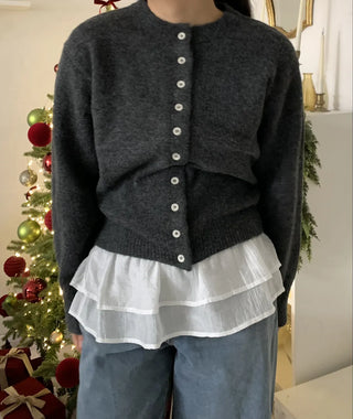 Pleated Shirt Layered Crew Neck Knit Cardigan