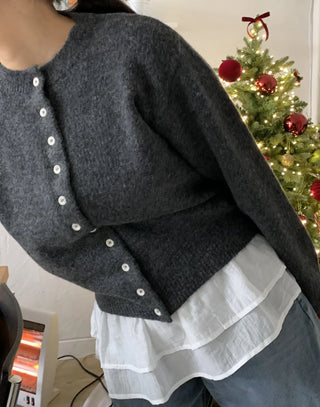 Pleated Shirt Layered Crew Neck Knit Cardigan