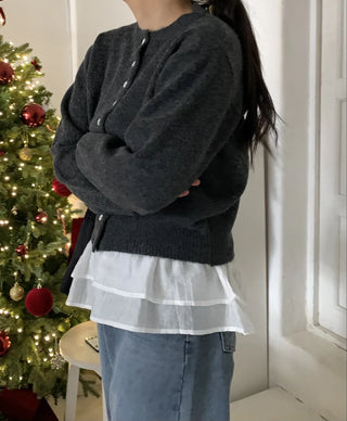Pleated Shirt Layered Crew Neck Knit Cardigan