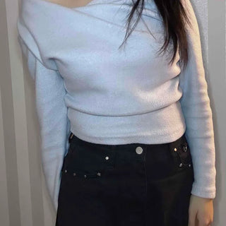 Antique Off-Shoulder Shirred Knit Long Sleeve T-shirt