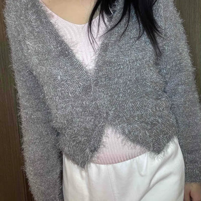 Cozy Fuzzy Shoulder Crop V-Neck Cardigan