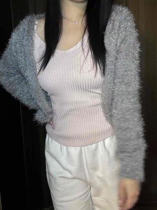Cozy Fuzzy Shoulder Crop V-Neck Cardigan