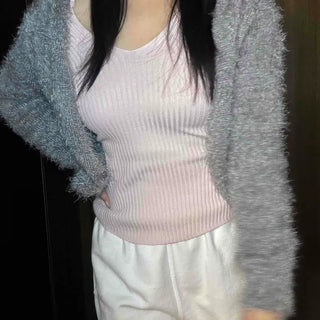 Cozy Fuzzy Shoulder Crop V-Neck Cardigan