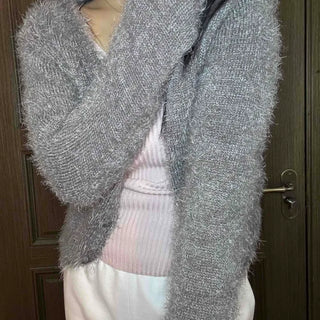 Cozy Fuzzy Shoulder Crop V-Neck Cardigan