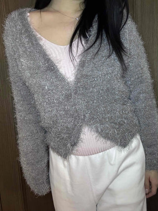 Cozy Fuzzy Shoulder Crop V-Neck Cardigan