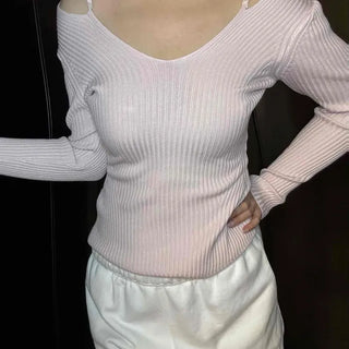 Base Ribbed Shoulder Strap Point V-Neck Knit