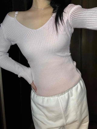 Base Ribbed Shoulder Strap Point V-Neck Knit