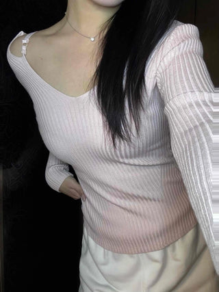 Base Ribbed Shoulder Strap Point V-Neck Knit