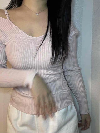 Base Ribbed Shoulder Strap Point V-Neck Knit