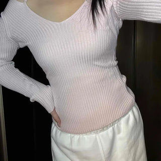 Base Ribbed Shoulder Strap Point V-Neck Knit