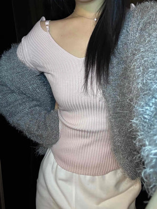 Base Ribbed Shoulder Strap Point V-Neck Knit