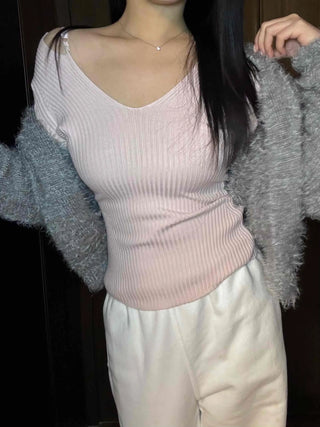 Base Ribbed Shoulder Strap Point V-Neck Knit