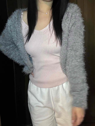 Base Ribbed Shoulder Strap Point V-Neck Knit