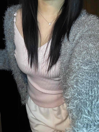 Base Ribbed Shoulder Strap Point V-Neck Knit