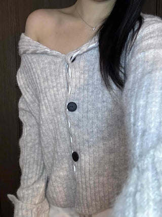 Delicate Fit Hooded String Cable Knit Off-Shoulder Cardigan