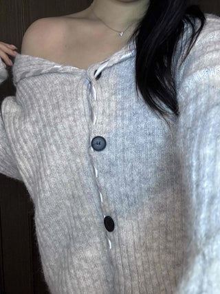 Delicate Fit Hooded String Cable Knit Off-Shoulder Cardigan