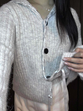 Delicate Fit Hooded String Cable Knit Off-Shoulder Cardigan