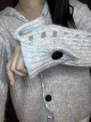 Delicate Fit Hooded String Cable Knit Off-Shoulder Cardigan