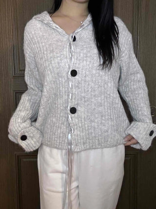 Delicate Fit Hooded String Cable Knit Off-Shoulder Cardigan
