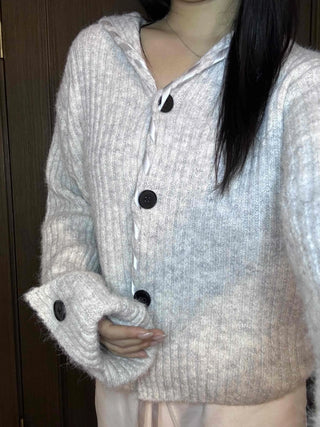 Delicate Fit Hooded String Cable Knit Off-Shoulder Cardigan
