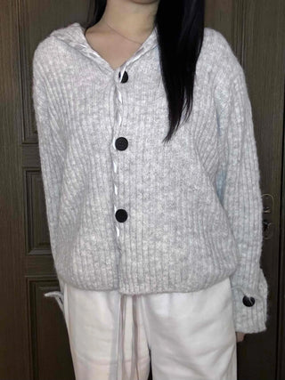 Delicate Fit Hooded String Cable Knit Off-Shoulder Cardigan