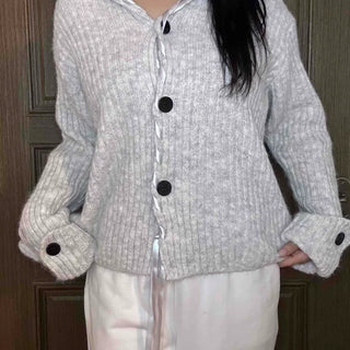 Delicate Fit Hooded String Cable Knit Off-Shoulder Cardigan