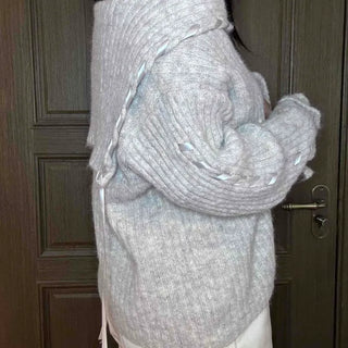 Delicate Fit Hooded String Cable Knit Off-Shoulder Cardigan