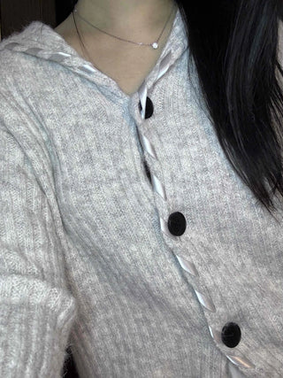 Delicate Fit Hooded String Cable Knit Off-Shoulder Cardigan
