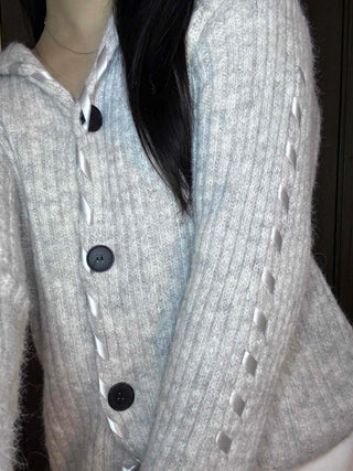 Delicate Fit Hooded String Cable Knit Off-Shoulder Cardigan