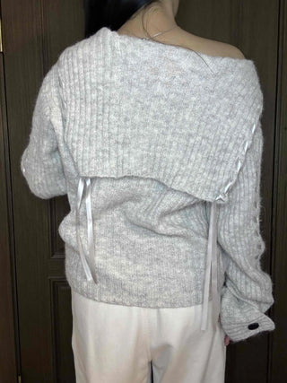 Delicate Fit Hooded String Cable Knit Off-Shoulder Cardigan