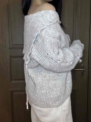 Delicate Fit Hooded String Cable Knit Off-Shoulder Cardigan