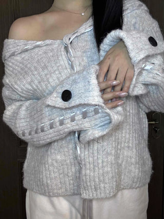 Delicate Fit Hooded String Cable Knit Off-Shoulder Cardigan