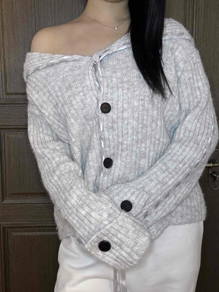 Delicate Fit Hooded String Cable Knit Off-Shoulder Cardigan