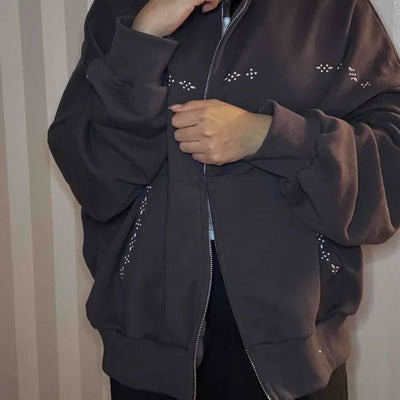 Heart Charm Point Multi-Pocket Oversized Zip-Up