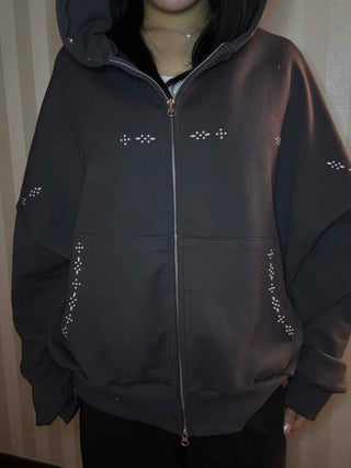 Heart Charm Point Multi-Pocket Oversized Zip-Up