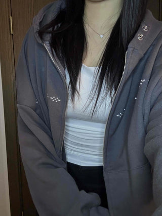Heart Charm Point Multi-Pocket Oversized Zip-Up