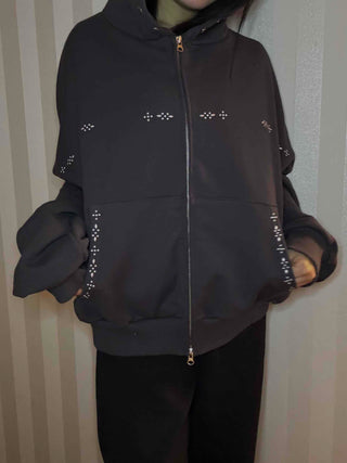 Heart Charm Point Multi-Pocket Oversized Zip-Up