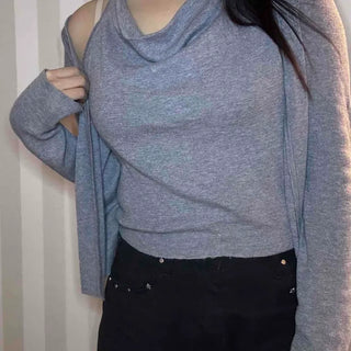 See-through sleeve drape neck loose-fit knit
