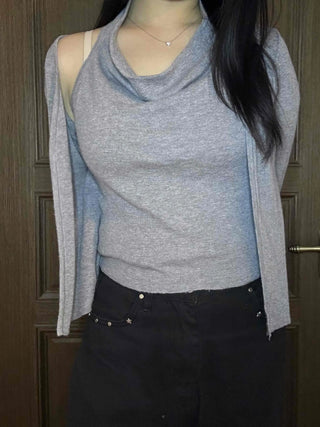 See-through sleeve drape neck loose-fit knit