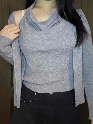 See-through sleeve drape neck loose-fit knit